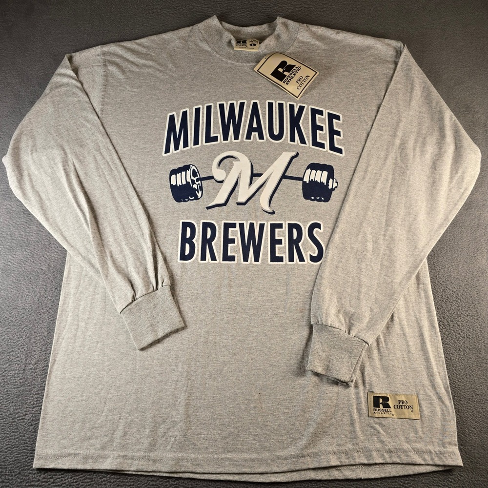 Vintage Russell Athletic Milwaukee Brewers Pro Cotton Long Sleeve Shirt Gray L